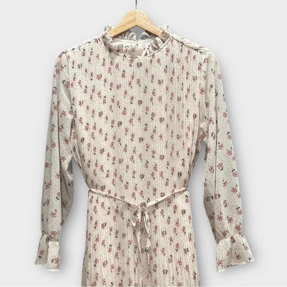 Carly Jean Los Angeles Floral Pleated Dress Small High Neck Cottage Core Prairie - Picture 4 of 9